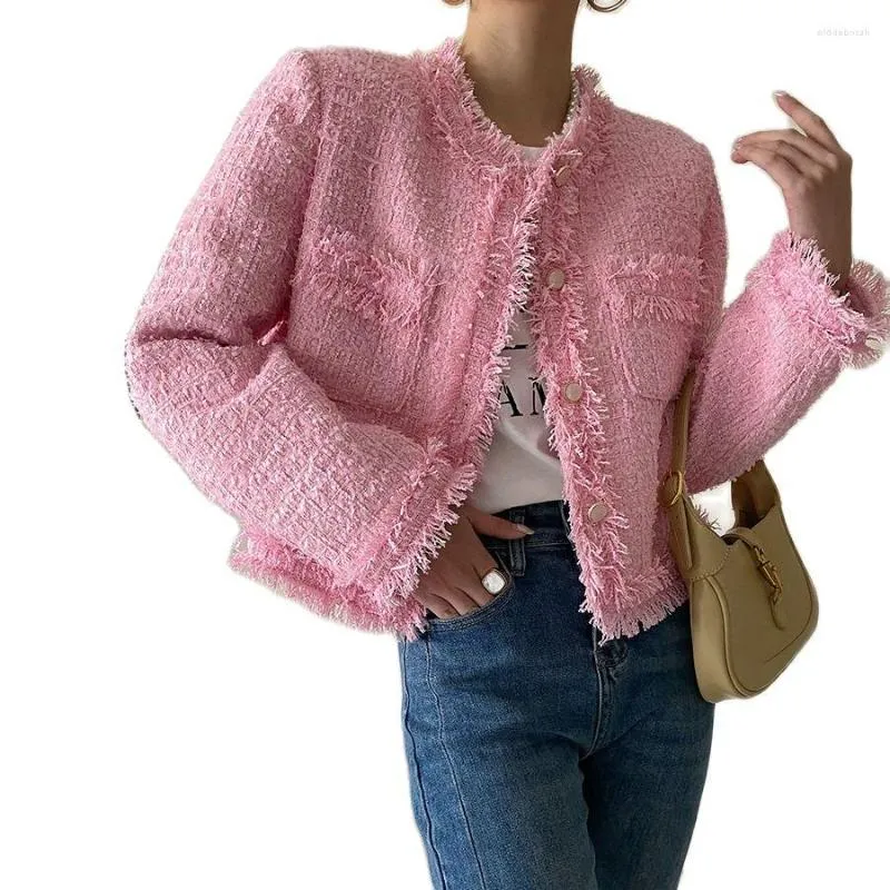 Damenjacken, Ankunft, Herbst, Frühling, rosa, süße Luxus-Tweed-Kette-Design-Jacke, Damen-Wollmäntel, elegante, schlanke, kausale Oberbekleidung