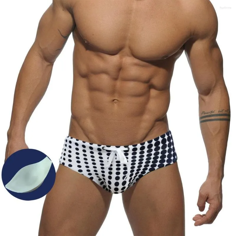 Calções de banho masculinos sexy de cintura baixa verão praia surf shorts de secagem rápida venda gay com almofadas de pressão