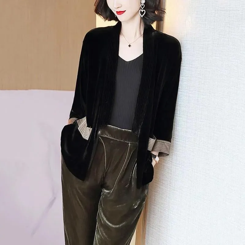 Garnitury damskie jesienne zimowe czarne aksamitne kurtki kolor kontrastowy kobiety solidne kardiganowe płaszcze koreańskie eleganckie mody eleganckie casaul