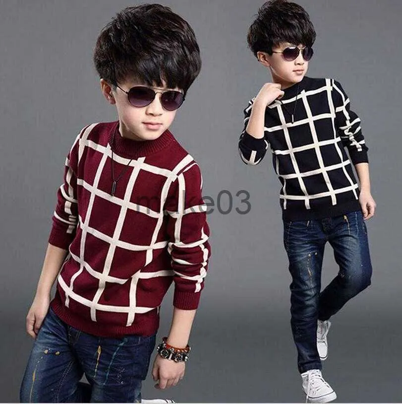 Cardigan 2023 가을 겨울 영국 스타일 New Kids Boy Plaid 스웨터 코트 어린이 옷 아기 Jacquard Cotton Boys Pullover 410y J230801