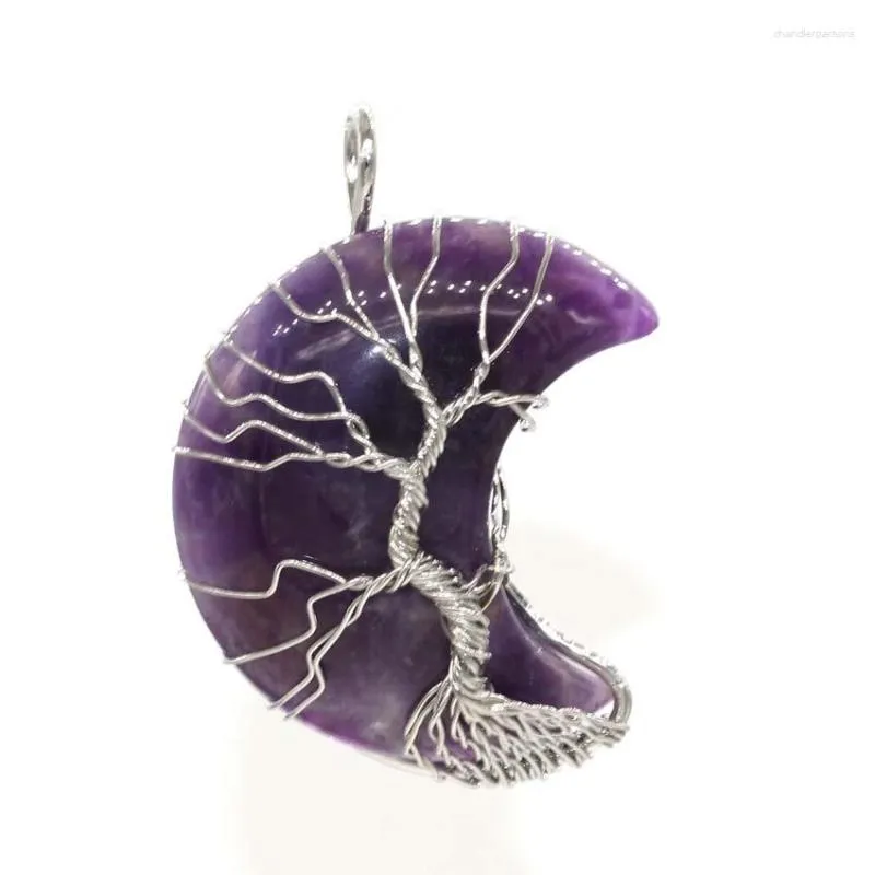 Pendentif Colliers KFT Argent Plaqué Fil Enroulé Arbre De Vie Croissant De Lune Forme Rose Rose Quartz Améthyste Cristal Agate Pierre Bijoux