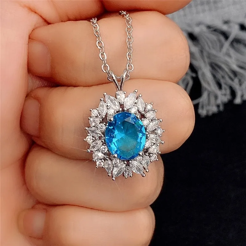 Naszyjniki wiszące owalne cięte Aqua niebieski kolor kryształowy kamień sześcienny Naszyjnik dla kobiet Bankiet biżuteria Prezent 230801