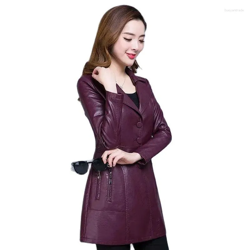 Kvinnor läder Kvinnor Midlängd Pu Suit Collar Jacket 2023 Autumn Korean Fashion Slim Windbreaker Coat Kvinna Ytterkläder 5xl H3069