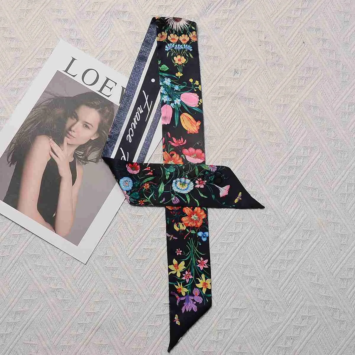 スカーフ新しいデザインバッグ女性の花のためのシルクスカーフプリント女の子髪のネクタイセッサリーヘアハット飾るリボンネックスカーフヘッドバンドJ230801
