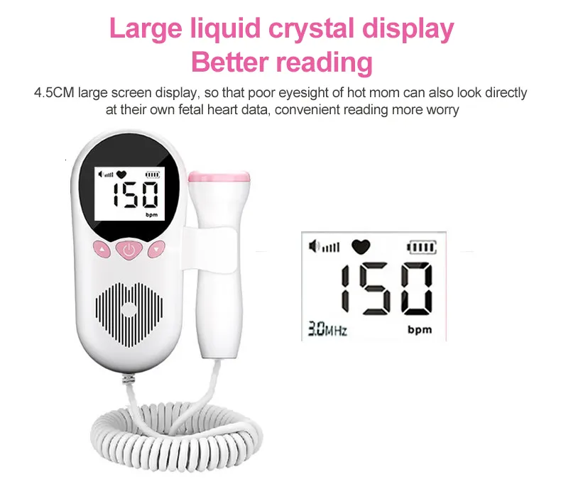 Pantalla LCD Ultrasonido Monitor de bebé Doppler fetal para embarazadas  Embarazo embarazo Bebé Detector de latidos del corazón Sin radiación