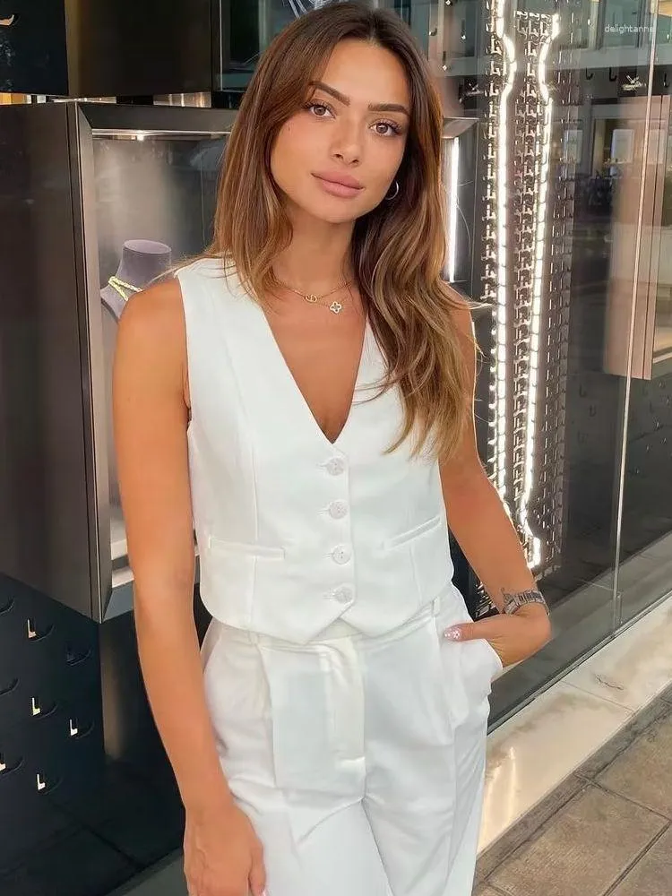 Womens Vests 2023 Fashion Vest Summer Sleeveless For Women Chic V Neck  Single Breasted Ladies White Waistcoat Tops In From Delightanne, $18.94