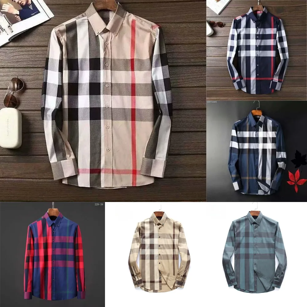 Camisa casual de diseñador de alta calidad para hombres Camisas de hombre Moda a cuadros geométricos Impreso manga larga solapa Business Fitness Camisa de hombre M-4XL