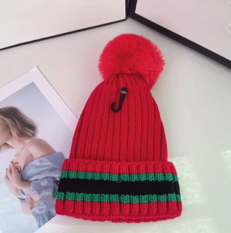 Red and Green Stripes Knitted Hat Thickened Imitation Raccoon Fur Ball Hidden Hook Wool Keep Warm Earmuffs Hat