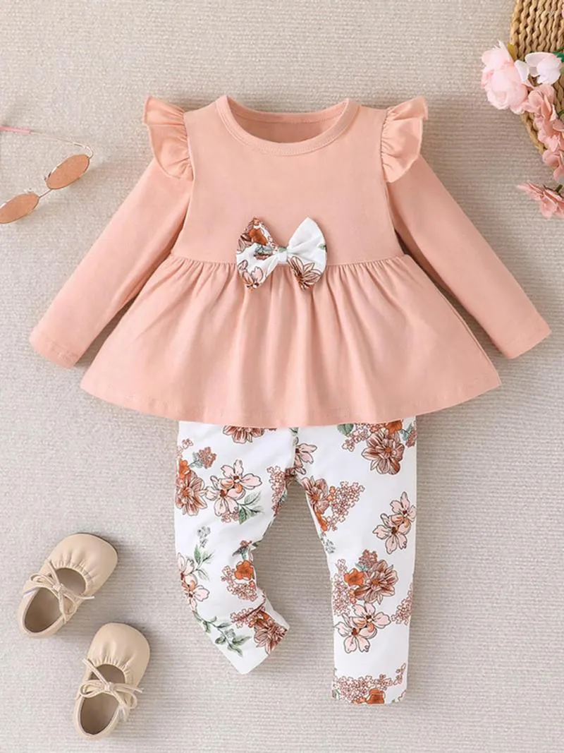 Giyim Setleri Doğdu Bebek Kız Giysileri Sevimli Yay Gömlek Çiçek Baskı Pantolon Sonbahar Kış 2 adet kıyafetler (Mor 12-18 ay)
