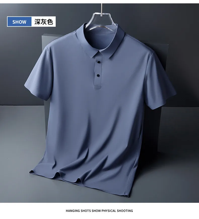 Polos para hombre, camiseta sin rastro de seda helada, camiseta POLO sin rastro transpirable suave de seda de Color sólido de negocios ligero para hombre 230731