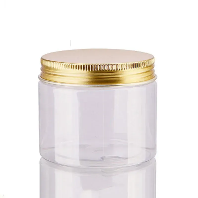 100ml 200ml Transparent PET Plastic Jars Storage Cans Round Bottle with Gold Aluminum Lids for cream, lotion, mud mask, lip balm