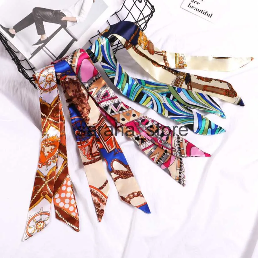Scarves New Print Flower Small Scarf for Women Handle Bag Ribbons Brand Fashion Head Scarf Small Long Skinny Scarves Wholesale Headbands J230801