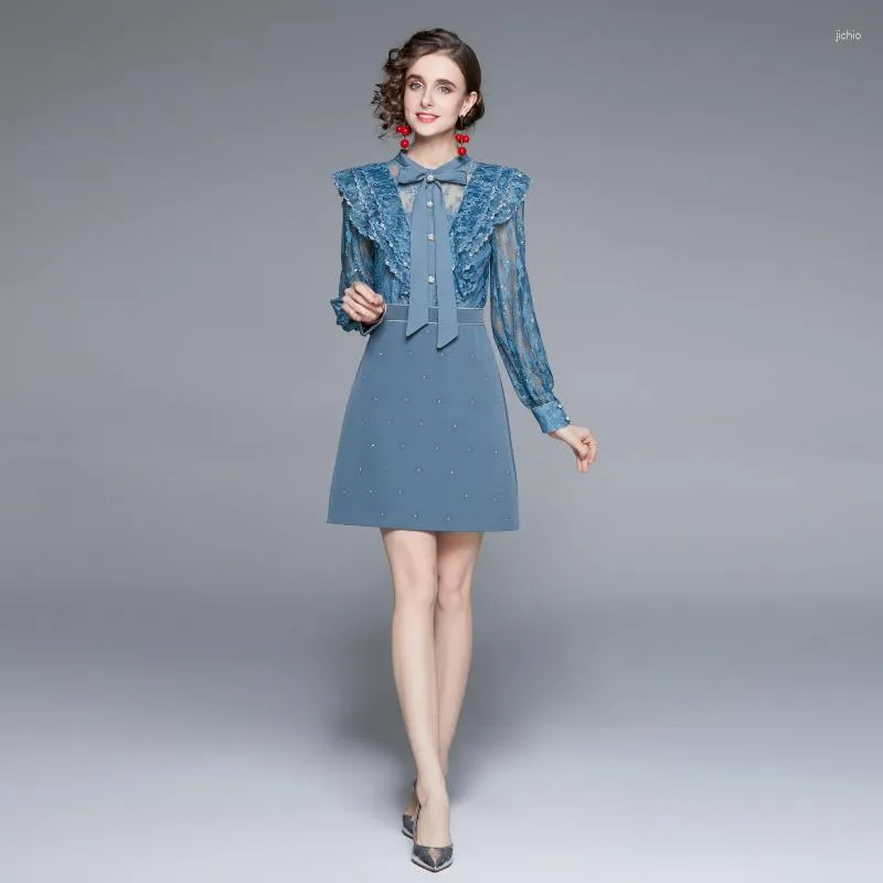 Casual Dresses Women Summer Lace Mini Dress With Bow French Style Office Dress  Blue Long Sleeve Diamond Pattern From Join3, $43.41 In Bulk | DHgate.Com