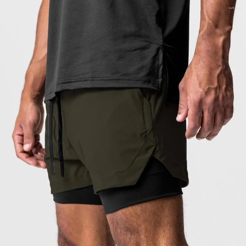 Pantalones cortos para hombre 2 en 1 entrenamiento Fitness doble cubierta transpirable Jogger Nylon gimnasio culturismo baloncesto ejército verde correr