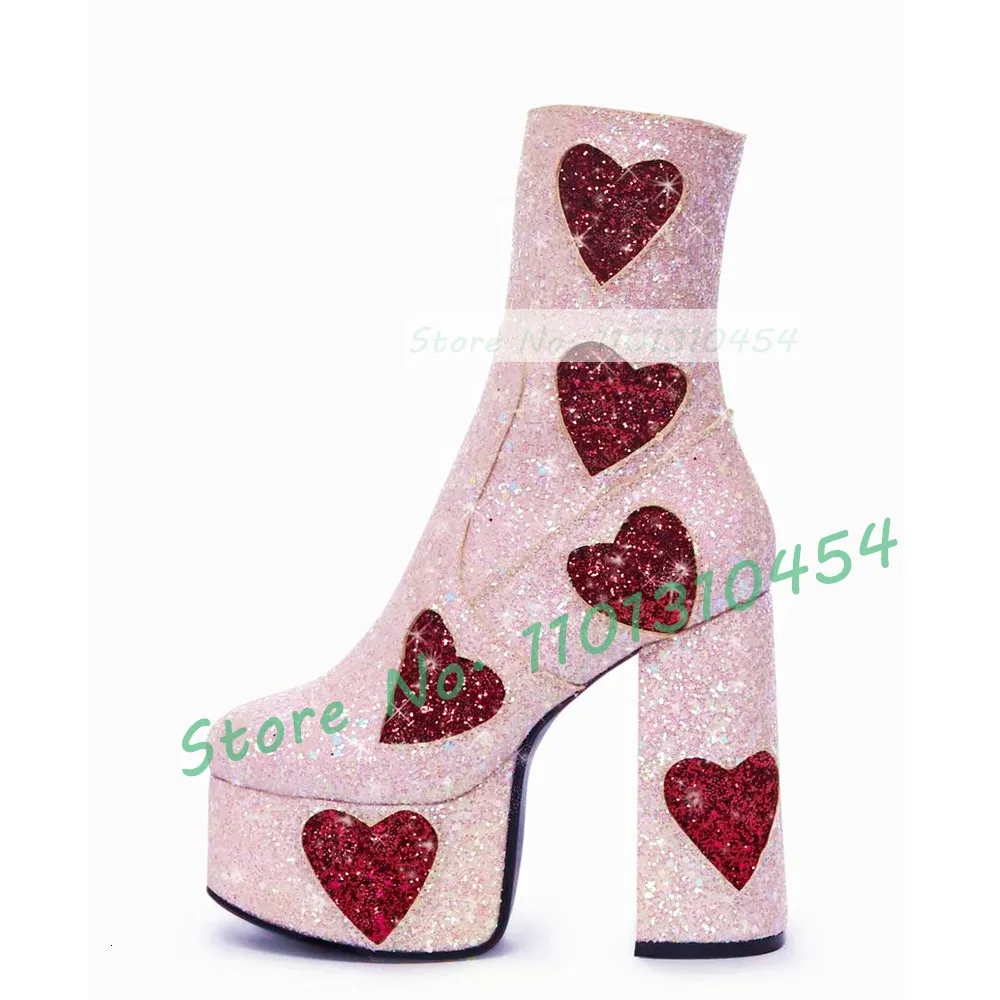 Botas Rosa Glitter Platform Ankle Boots Feminino Lovely Red Heart Decals High Block Heals Shoes Ladies Sparkly Fashion Party Dress Boots 230801