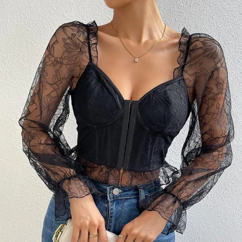 T-shirts pour femmes Echoine Lace Sheer Mesh Pathwork Puff Sleeve Sexy Blouse Femmes Corset Noir Élégant Slim See Through Shirt Top Vêtements