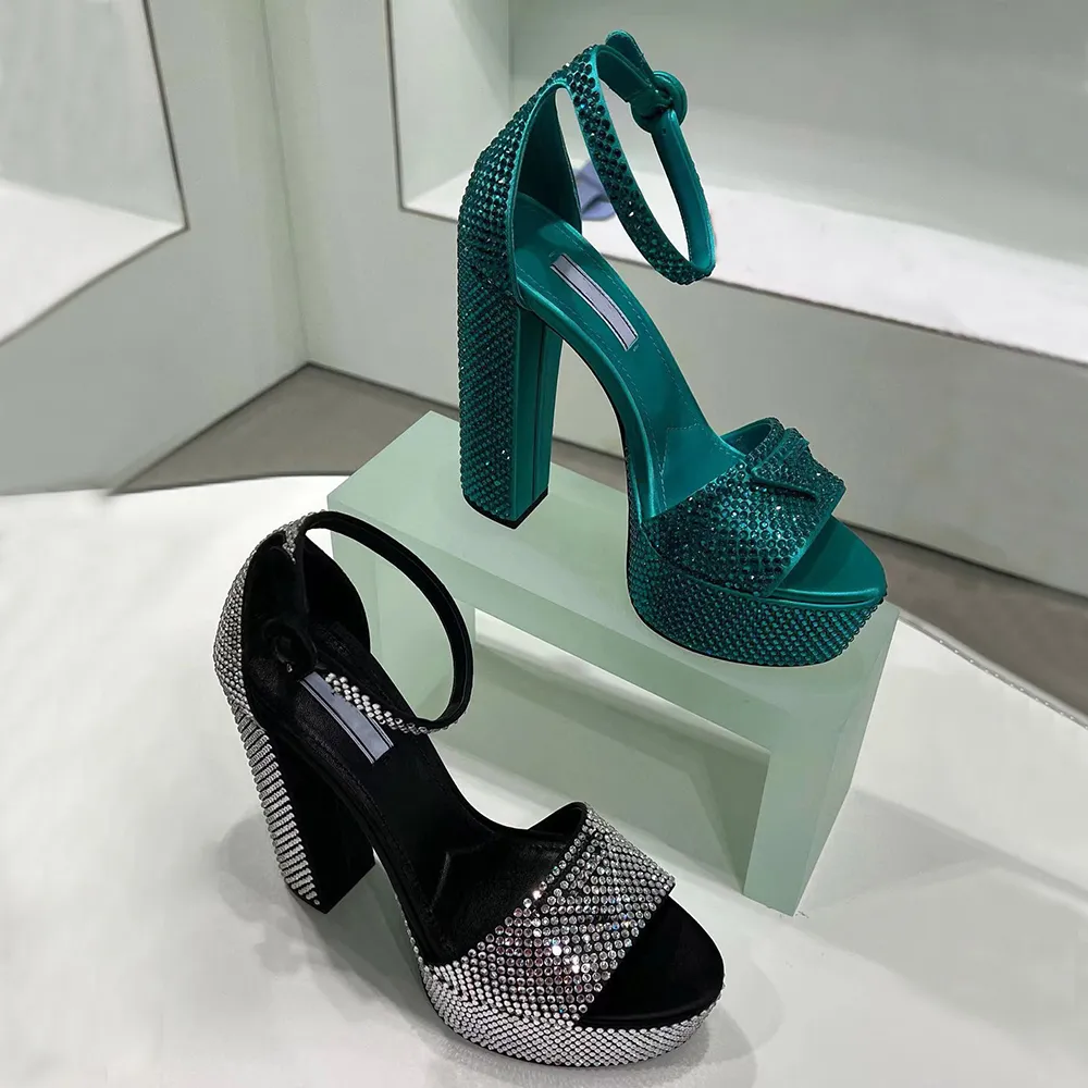 Kristal Süslenmiş ayak bileği kayış platformu sandalet tıknaz topuklular rhinestones yüksek topuklu topuk sandal lüks tasarımcı ayakkabıları kadınlar için fabrika ayakkabıları kutu