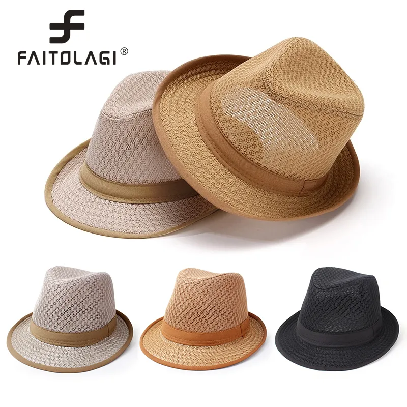 Wide Brim Hats Bucket Men Fashion Straw Hat Summer Trendy Beach Sun Visors Chic Hand Woven Cowboy Cap Solid Color Male Fedoras Gangster Jazz Caps 230801