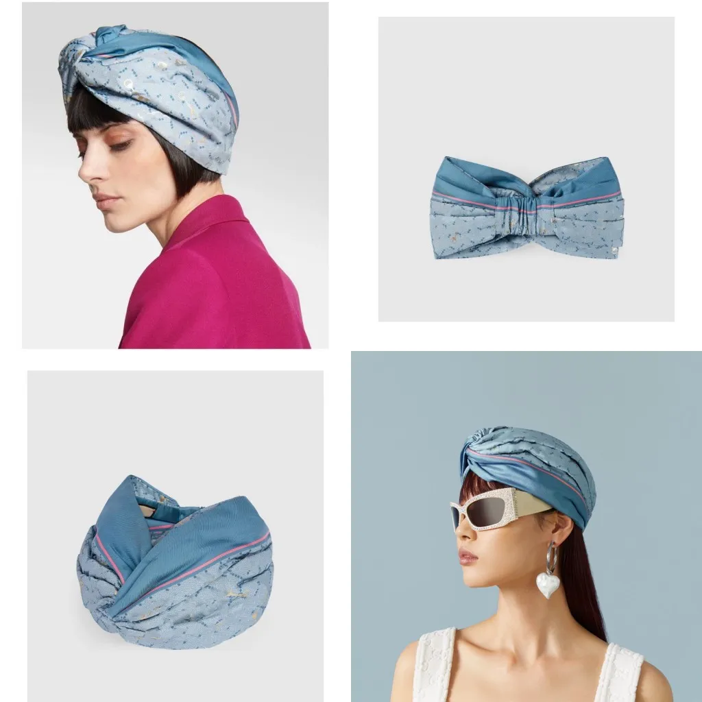 Designer women blue and light blue Silk Elastic Print with horsebit silk headband Hair bands Scarf Hair Accessories Gifts
