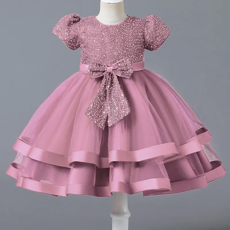 Abiti da ragazza Ragazza Baby Dress Ricamo Fiocco di paillettes manica corta gonfio Princess Dress 0-5 anni bambina compleanno comunione party dress 230731