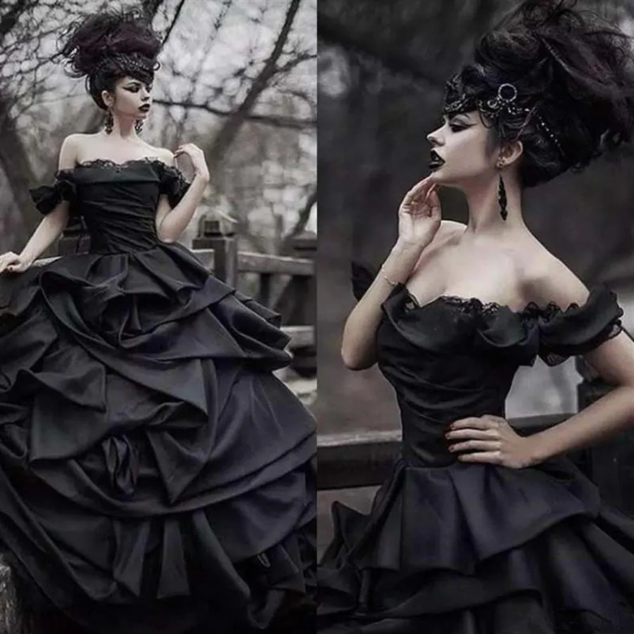 Tradition Noir Gothique Robes De Mariée Victorienne Punk Robe De Bal Robes De Mariée De L'épaule Cravate Satin Princesse Mariée Robes260D