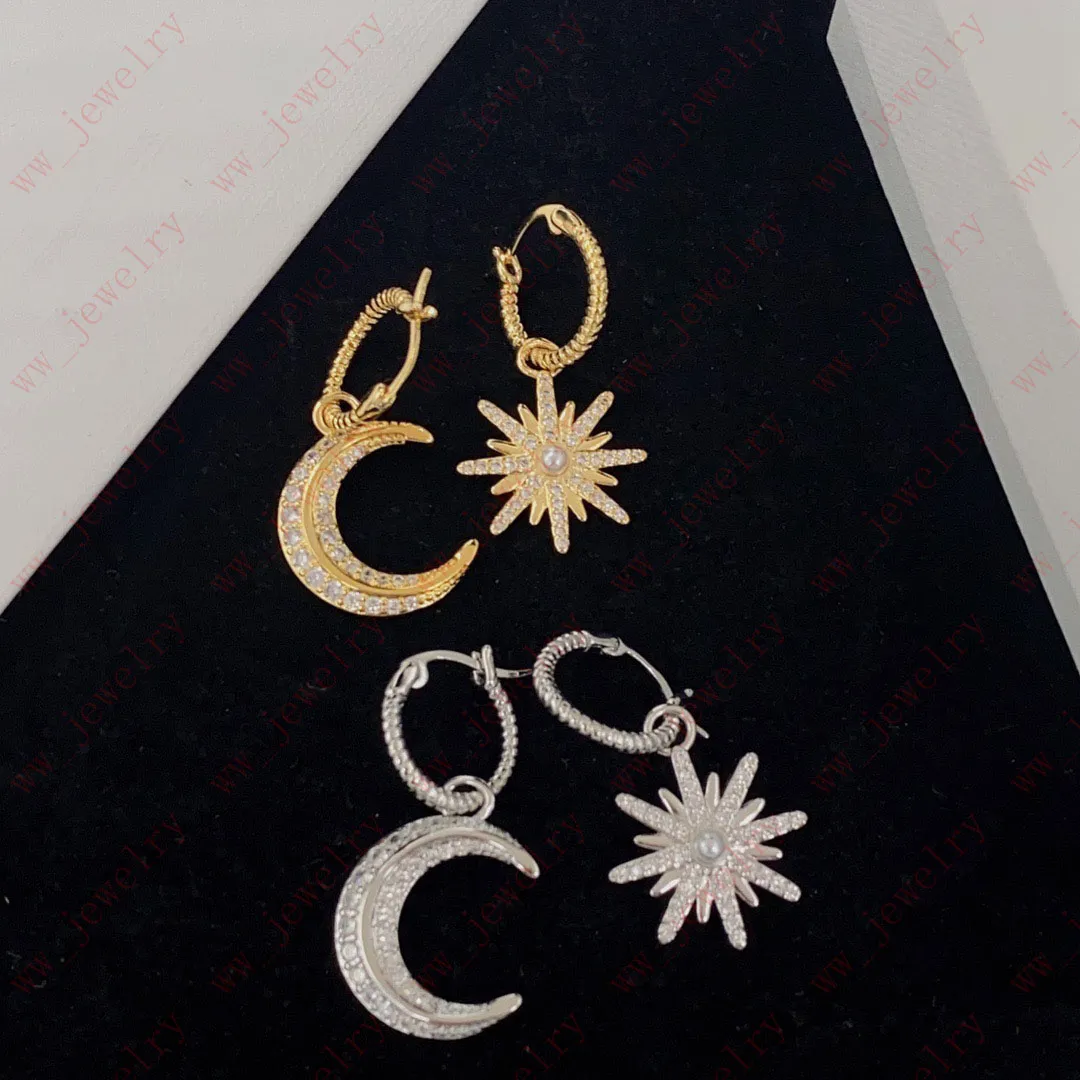 Ontwerper K gouden inzet Zircon North Star Moon rond asymmetrische dame Charm oorbellen, fashion charm accessoires, Kerstmis, Thanksgiving, Valentijnsdag