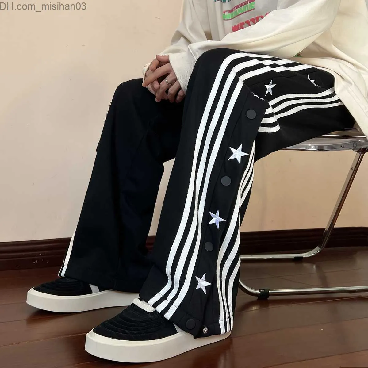 Мужские брюки мужские брюки хип-хоп с боковыми пуговицами и эластичной талией для брюк для бега в свободном стиле Z230802