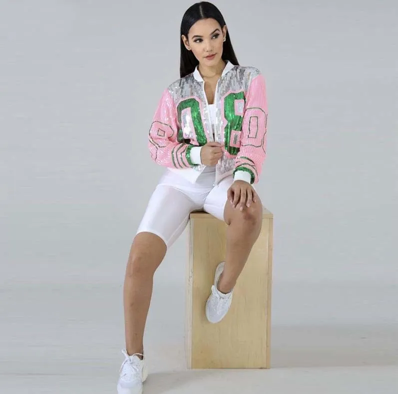 Jackets Sequin Long O Neck Pink Green 08 Sorority Sequin Jackets Bling club Outerwear Coats 230801