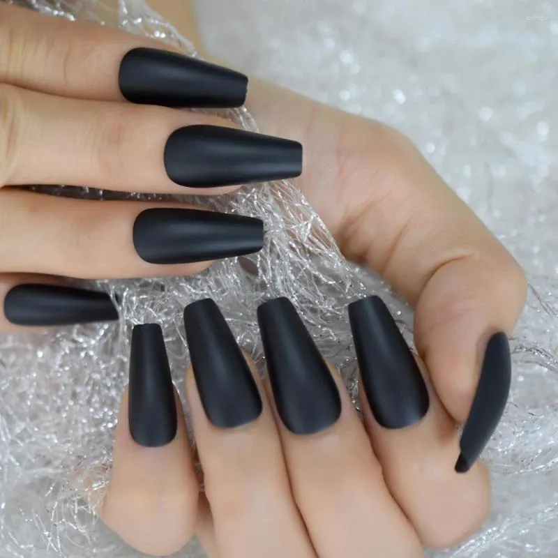 False Nails Classic Matte Black Coffin Frosted Nail Long Full Cover Sculpted Ballerina Acrylic Fake Fingernail Tips Manicure Charms