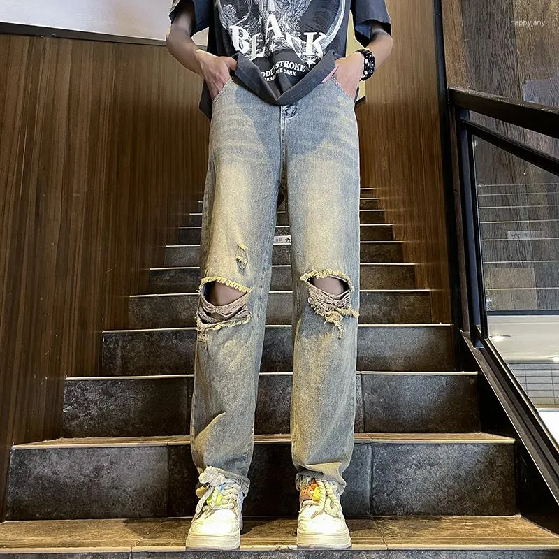 メンズジーンズアメリカンニーリッピングレトロイエローマッドパンツサマーカジュアルルーズハイストリートストレートストレートズボンの男性服