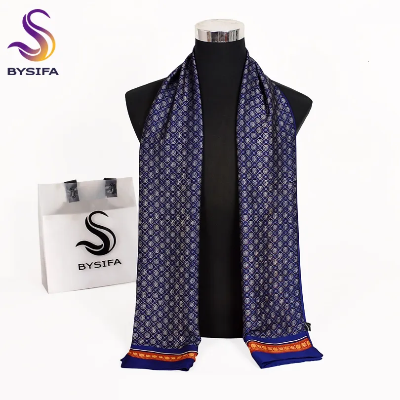 Шарфы Bysifa Brand Men Men Осень Зимняя мода Мужская теплый темно -синий длинный шелковый шарф Cravat Высококачественный 17030 см 230801