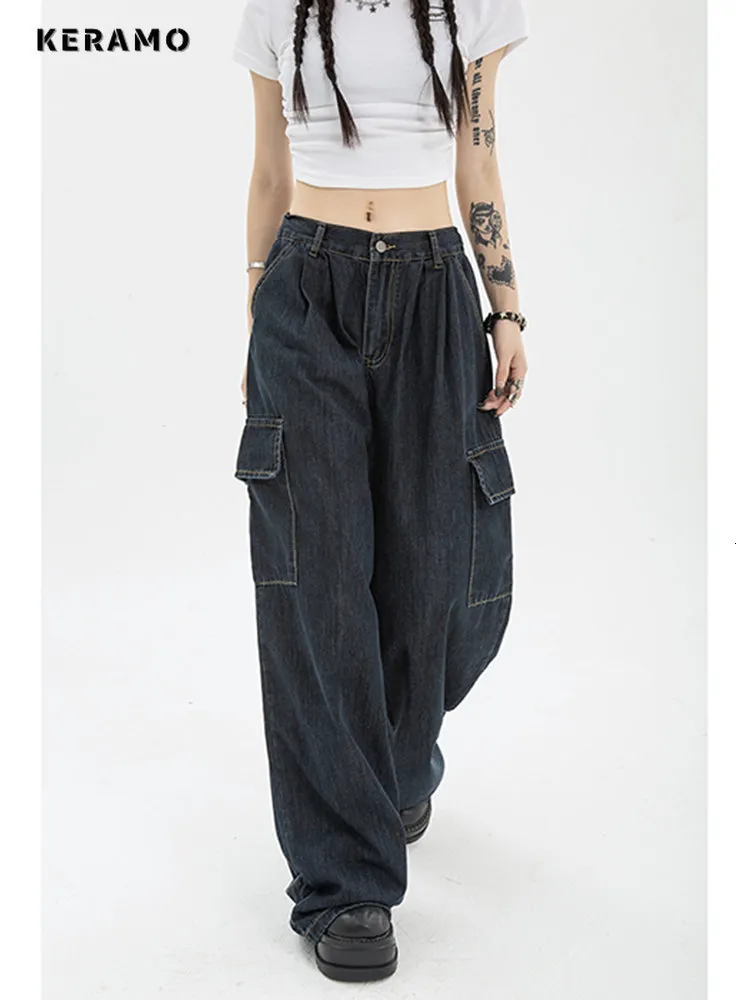 Women's Jeans Summer Women Harajuku Cargo Baggy Blue Jeans Streetwear Hip Hop Oversize Casual Wide Leg Vintage Demin Pants Y2k Loose Trousers 230801