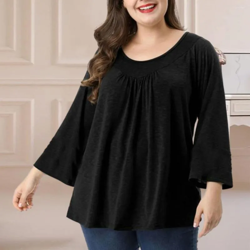 Blusas de mujer, camiseta de primavera para mujer, blusa holgada plisada de talla grande elegante con mangas largas suaves de cuerno, informal, transpirable