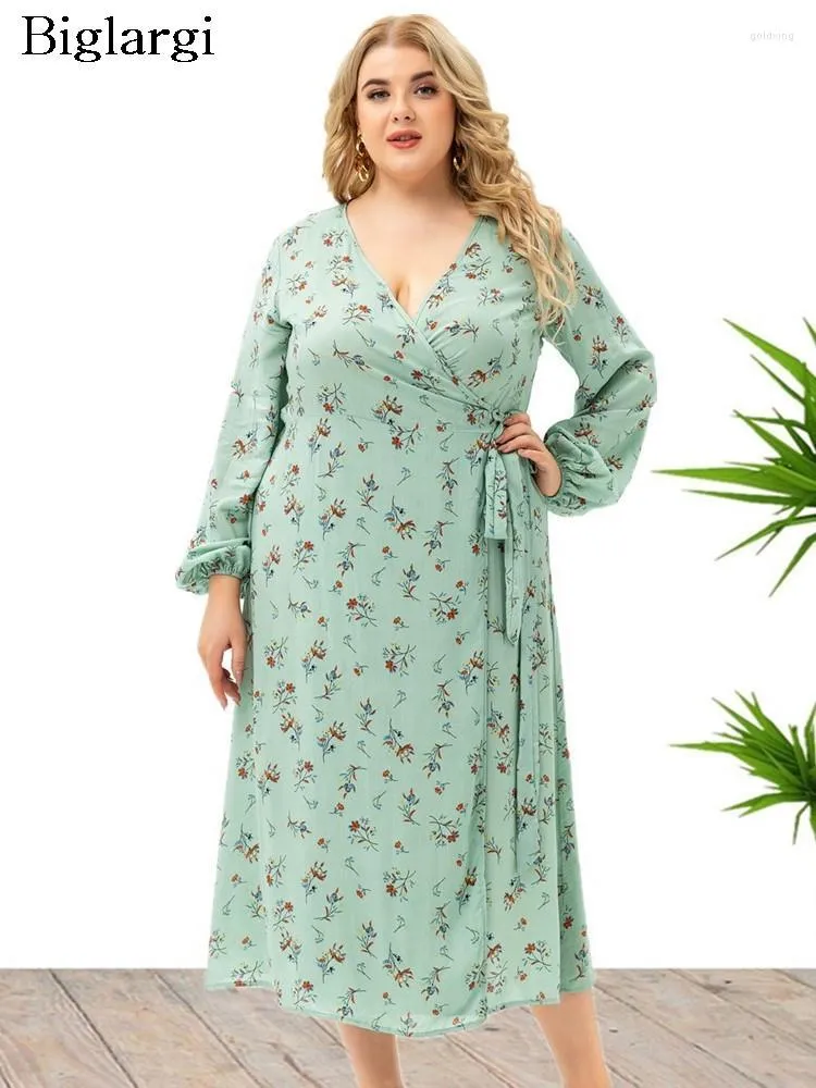 Plus Größe Kleider Floral Herbst Midi Kleid Frauen Blume Drucken Langarm Damen Mode Lässig Lose Frau 2023