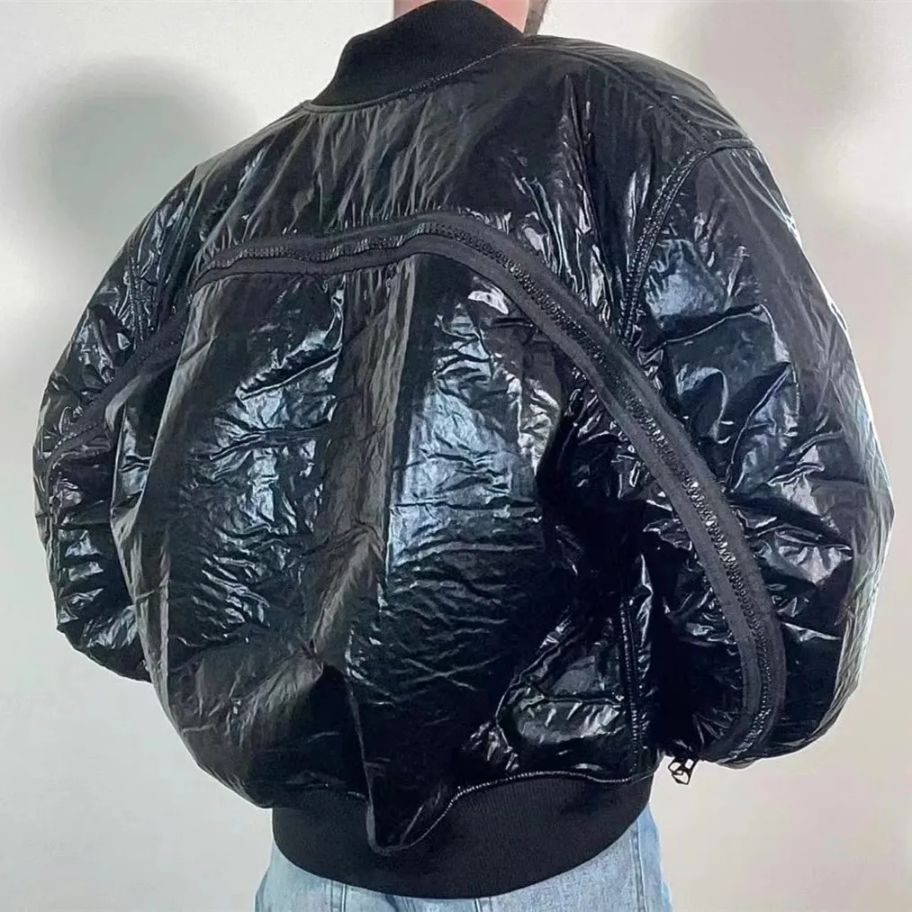 High Street Original Herrenjacken, kurze Jacken, schwarze plissierte Nylon-Imitat-Wachsleder-Bomber-Reißverschluss-Baumwolljacke für Herren