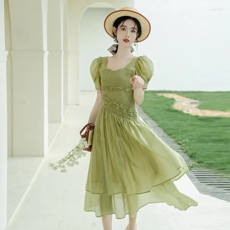 Vestidos de fiesta Estilo frances Elegante y bonita Mujer Verde Suave Cuello cuadrado Diseno Moda Casual Vestido Mujer Verano Vintage Robe