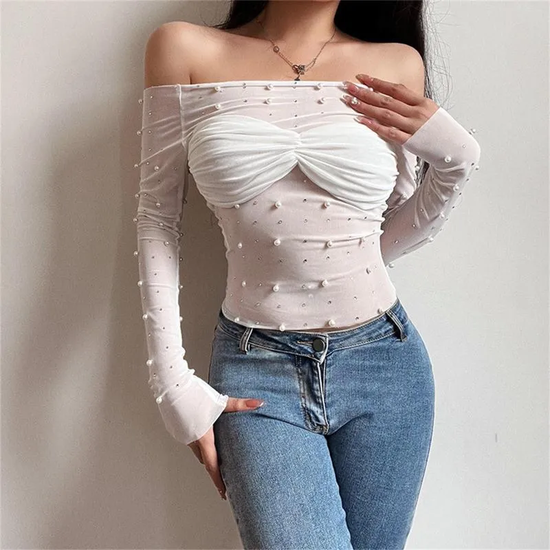 Blusas de mujer blusa Sexy de manga larga con hombros descubiertos y malla de perlas Top de tubo con diamantes de imitaci n para mujer camisa