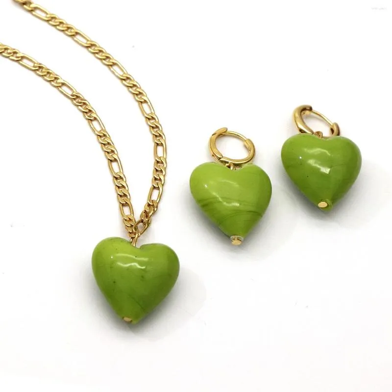 Kolye Kolyeleri Apple Yeşil Kalp Şekli Kolye Küpe Takı Seti Fr Kadın Yaz