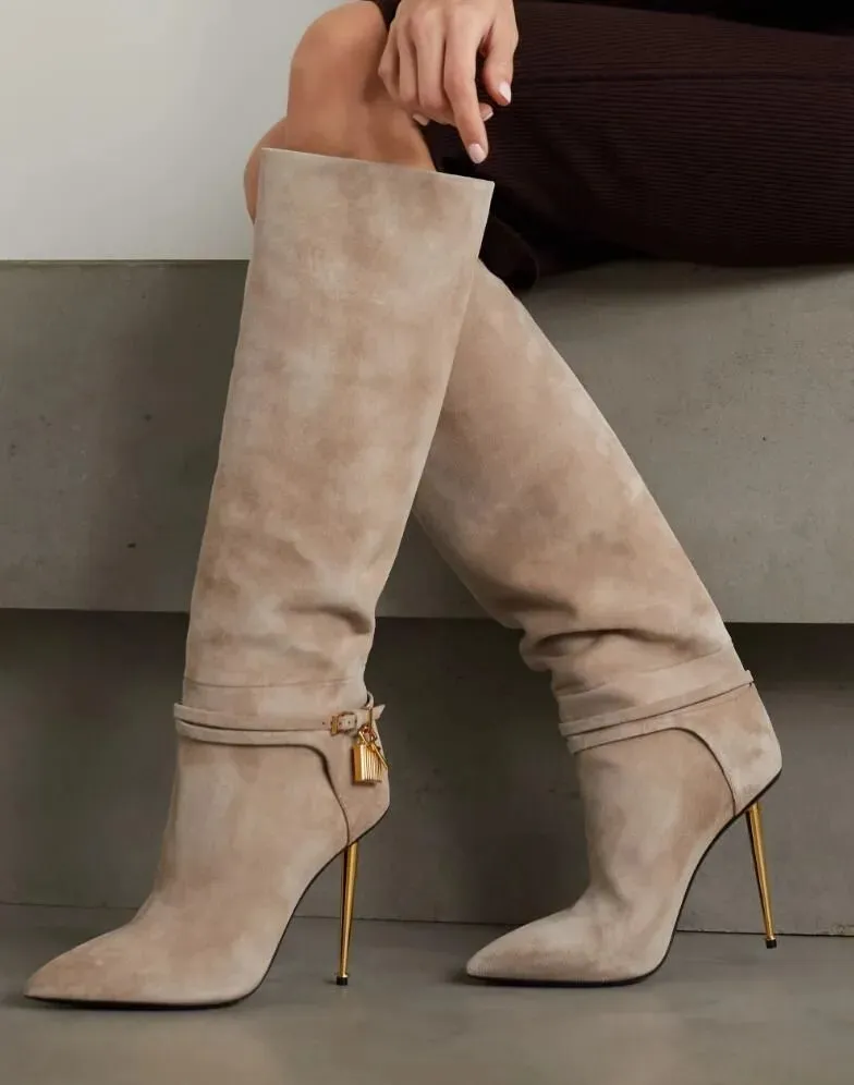 Elegante Damen-Wintermarken, Vorhängeschloss-Stiefel, vergoldeter Stiletto-Absatz, lange Kniestiefel für Damen, Gold-Hardware, lange Stiefel, Party-Schuhe für Damen, Größe 35–42