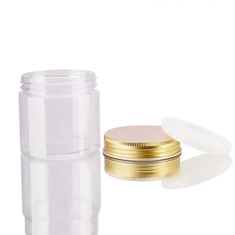 100ml 200ml Transparent PET Plastic Jars Storage Cans Round Bottle with Gold Aluminum Lids for cream, lotion, mud mask, lip balm