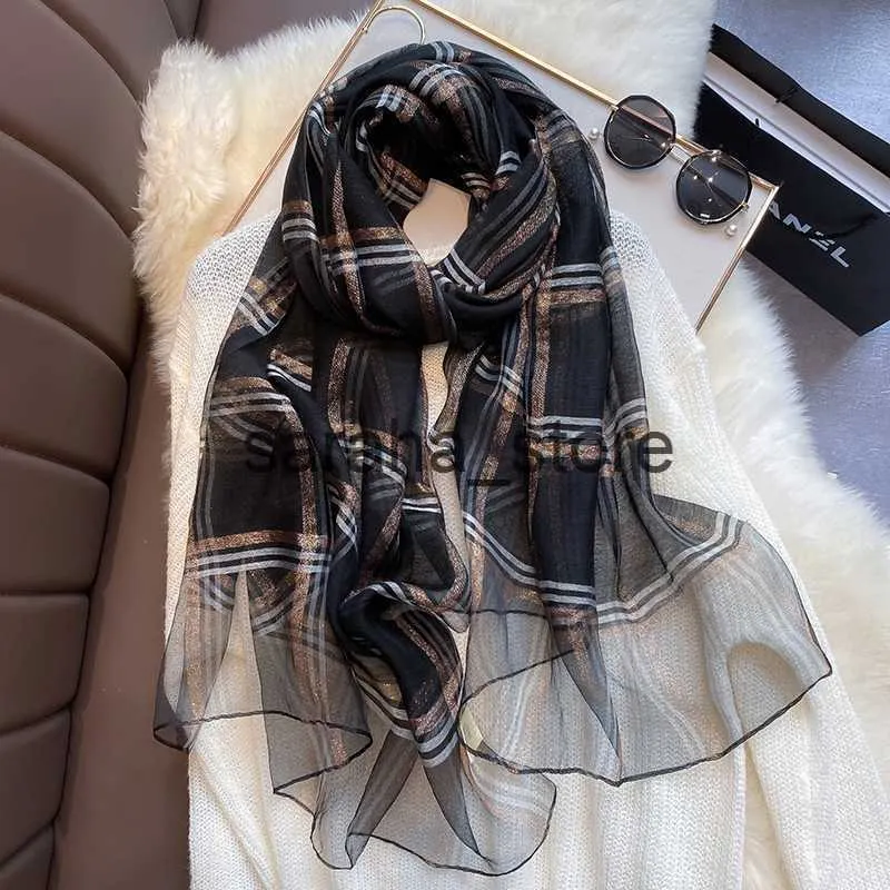 Szaliki 2023 Luksusowa jedwabna wełna szalik Kobiety Plaid Long Faulard Wrap For Lotlit -Shawl For Ladie