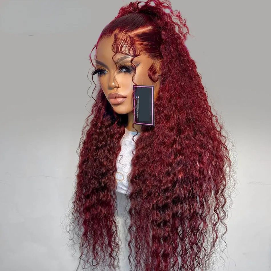 Brazilian 99J Burgundy Lace Front Wig 40 Inch Deep Wave Frontal Wig 13x4 Garnet Red Curly Lace Front Simualtion Human Hair Wigs Preplucked