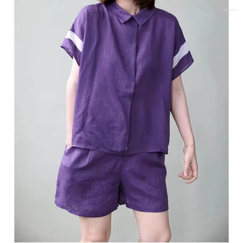 Survêtements pour femmes Coton Lin Shorts Ensemble Été Deux Pièces Style Coréen Casual Femmes Costume Vintage Lâche Chemise À Manches Courtes Et A-ligne