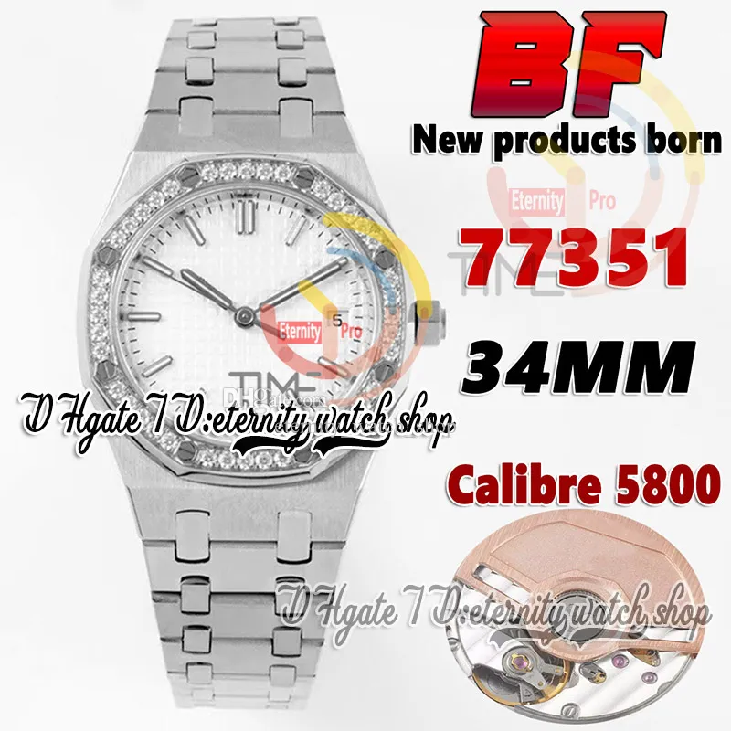 2023 BFF xf77351 CAL.5800 bf5800 Relógio feminino automático de 34 mm Diamante Moldura prata Mostrador texturizado Branco Bastão Marcadores Pulseira de aço Super edição Relógios da eternidade