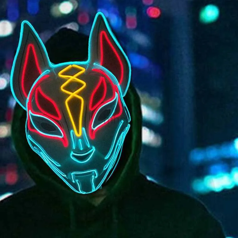 Party Masks Halloween Glowing Face Mask Light Up Japanese Anime Fox Mask Luminous LED Mask Game Theme Mask Cosplay Party Supplies HKD230801