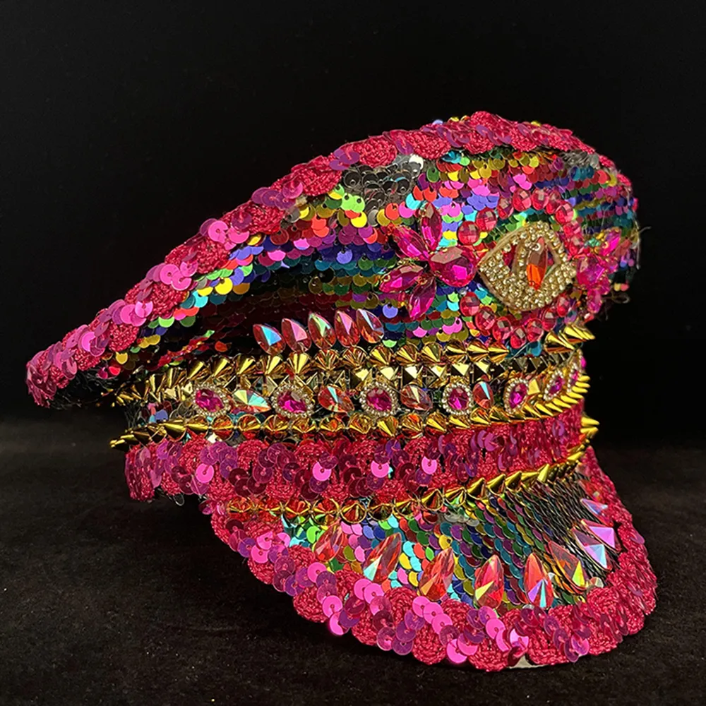 Berets Luxury Women Military Hat Sequin Burning Yacht Week Captain Sergeant Rave Festival Bachelorette Part 230801