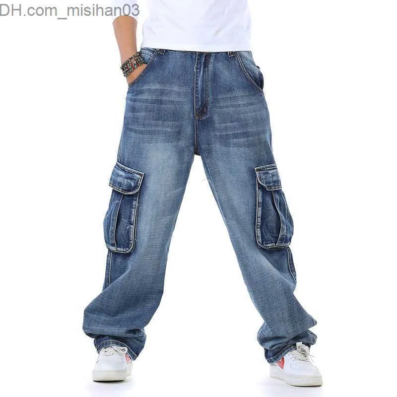 Pantalons pour hommes surdimensionnés 46 jeans amples pantalons en denim pour hommes poche droite vêtements de rue décontractés hip-hop marque bleu large jambe train de marchandises Z230802