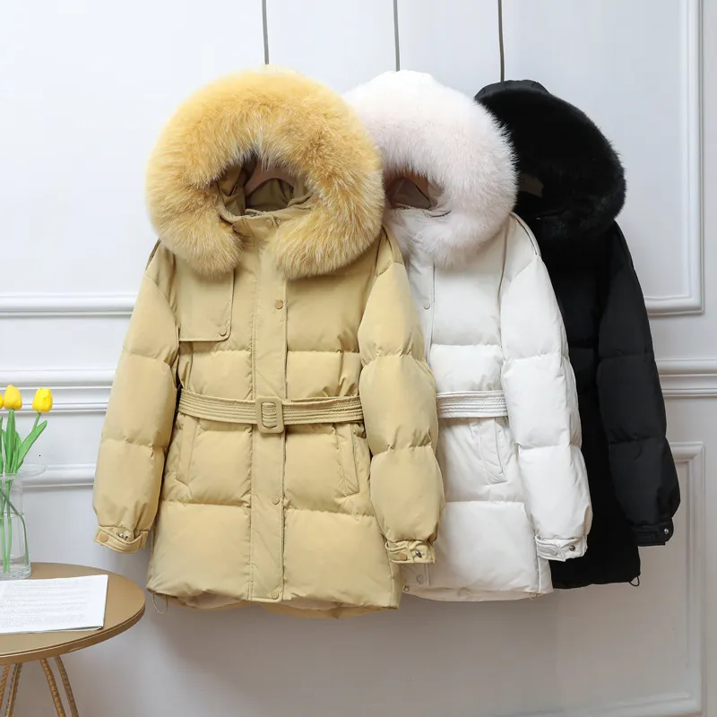 Janveny 90% White Duck Down Coat Winter Women Hooded Huge Raccoon Fur Thicken Female Feather Puffer Clothing Parkas 210916