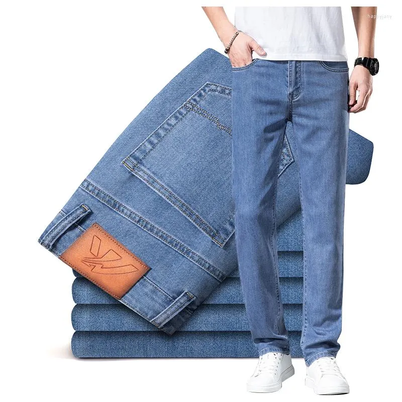 Jeans masculino 2023 primavera verão fino algodão respirável elástico justo coreano jovial vitalidade leve