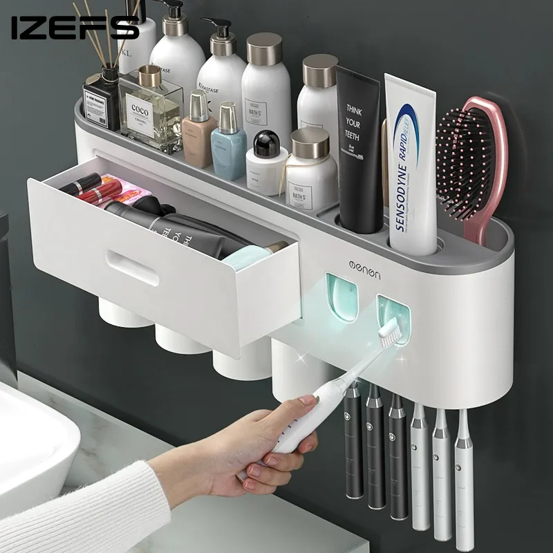 Porte-brosse à dents IZEFS Porte-brosse à dents inversé à adsorption magnétique Double distributeur automatique de dentifrice Support de rangement Ensemble d'accessoires de salle de bain 230731